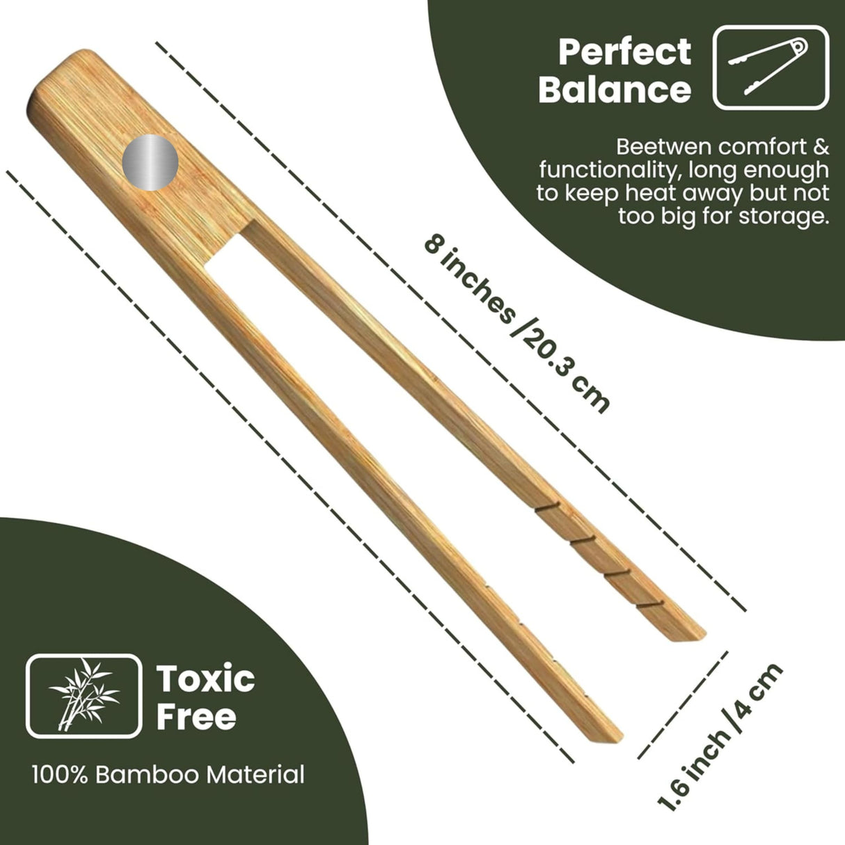 Toaster Tongs With Magnet | Kitchen Utensils For Cooking and Holding Toast Bacon Muffin Bagel Bread | 8 Inch Long Natural Non Toxic Bamboo Three Way Cut