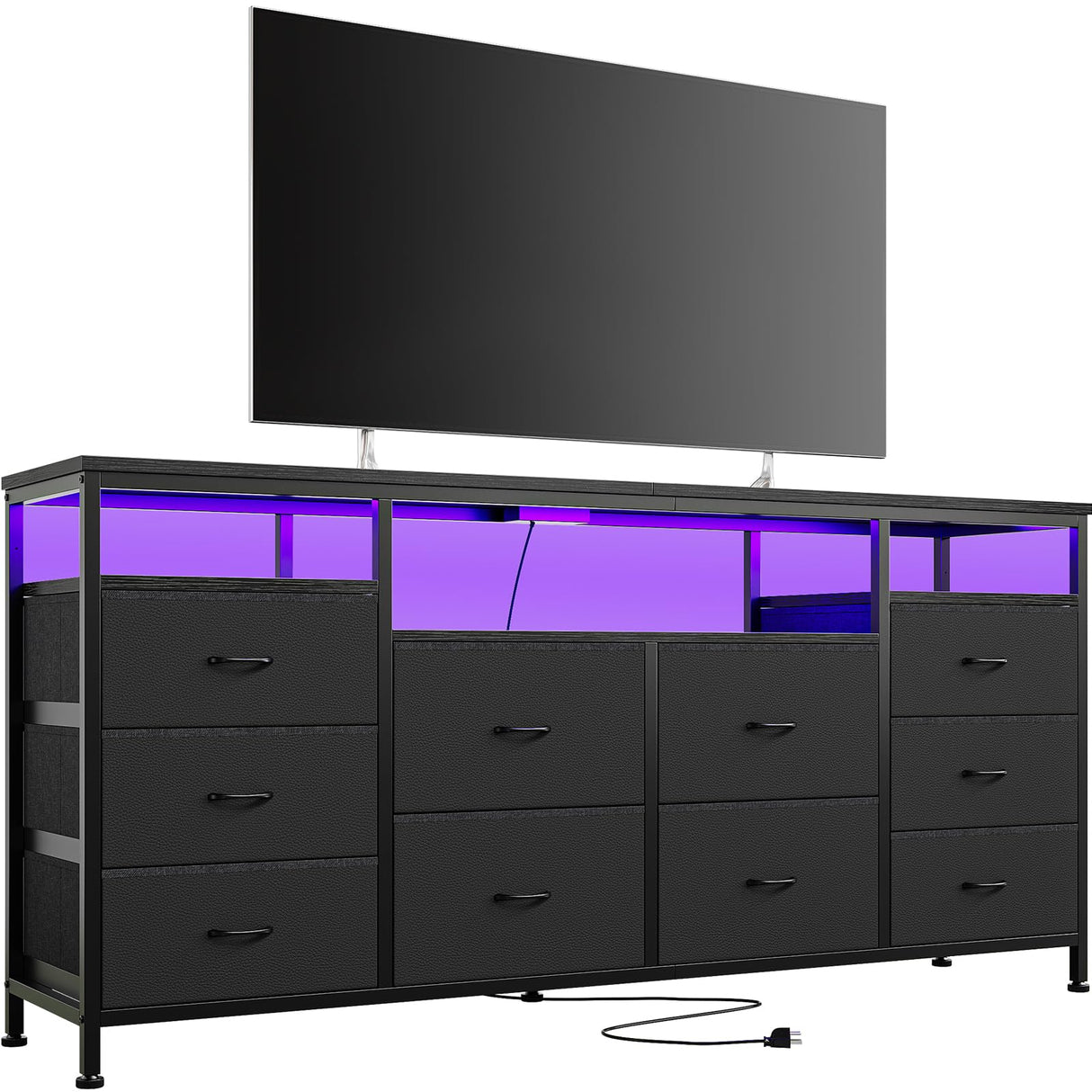 63.3 Inch Black Dresser for Bedroom, 10 Drawer Dresser TV Stand for 65 70 75 Inch TV, Fabric Chest of Drawers with LED Lights & Power Outlets, Long Entertainment Center for Closet, Living Room, Entryw GarveeHome