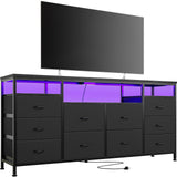 63.3 Inch Black Dresser for Bedroom, 10 Drawer Dresser TV Stand for 65 70 75 Inch TV, Fabric Chest of Drawers with LED Lights & Power Outlets, Long Entertainment Center for Closet, Living Room, Entryw GarveeHome