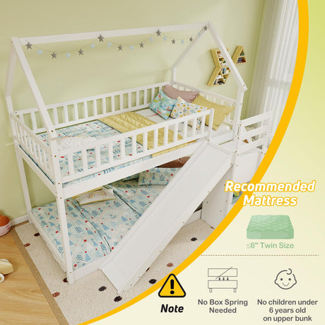 KOMFOTT Wood Twin Over Twin Bunk Bed with Slide & Staircase, Twin House Bunk Bed with Safety Guardrails & Storage, Floor House Bed with Wooden Slat Support for Boys Girls, No Box Spring Needed (White) KOMFOTT