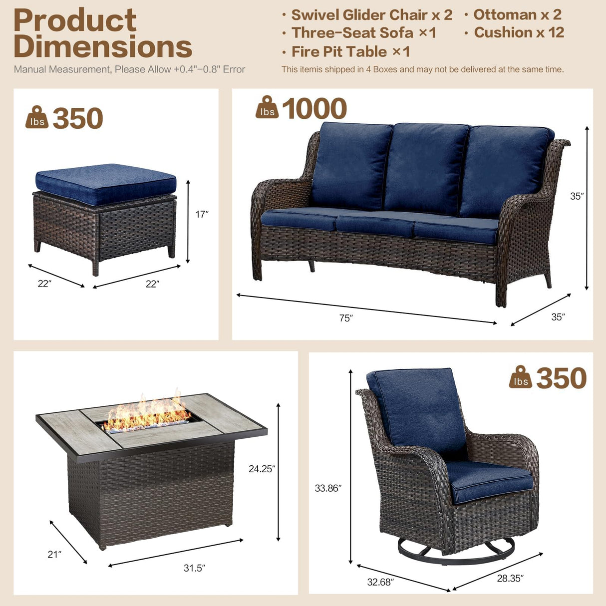 XTWEEX 7 Pieces Outdoor Patio Furniture Conversation Set Rattan Wicker with Fire Pit Table, 3 Seat Sofa, 2 Swivel Rocker Chairs, 2 Ottomans and 1 Side Table for Yard Backyard BNB (Brown/Navy Blue) XTWEEX