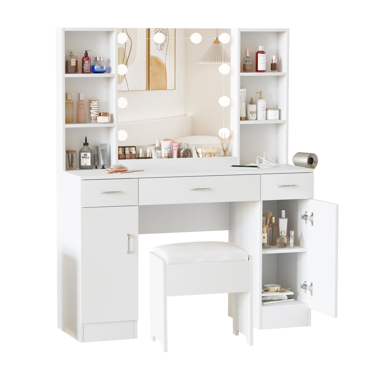 Halitaa Makeup Vanity Table with Lighted Mirror & Outlets, Large Vanity Set Vanity Desk with Lots Storage, 3 Lighting Modes, Brightness Adjustable, 45inch Halitaa