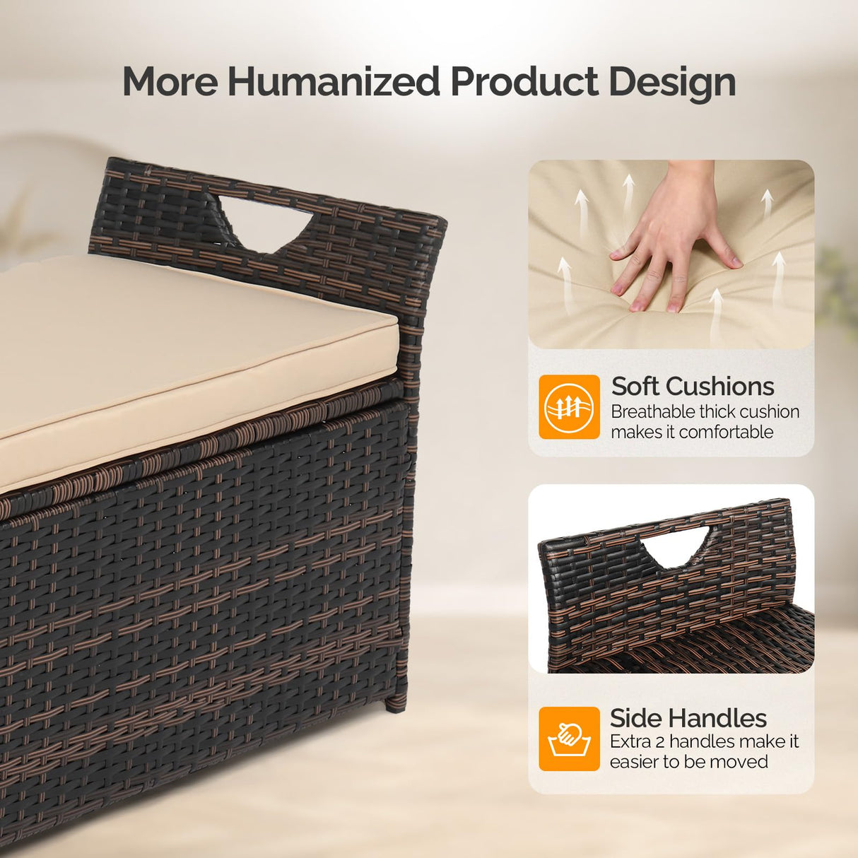 VINGLI 40 Gallon Outdoor Storage Bench with Cushion, Rattan Storage Box, Patio Wicker Deck Box with Seat for Garden | Balcony | Porch | Pool | Yard (Brown Frame + Beige Cushion) VINGLI