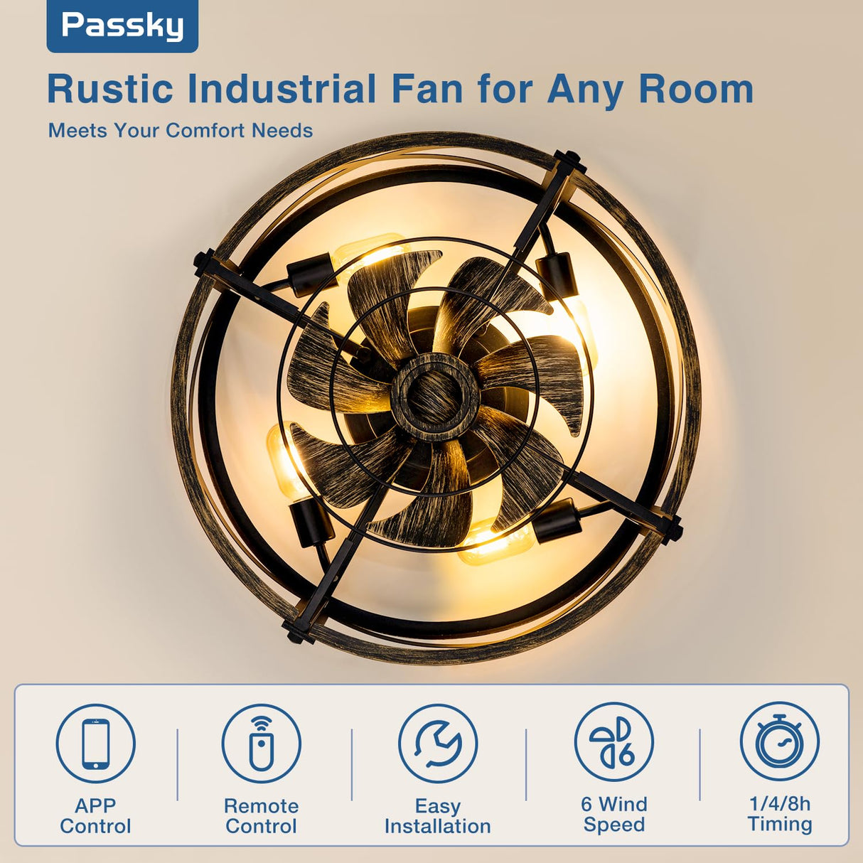Passky 20" Farmhouse Flush Mount Ceiling Fans with Lights and Remote, Industrial Black Caged Low Profile Fandelier, 6 Speeds Bladeless Ceiling Fan for Bedroom, Kitchen, Living Room Passky