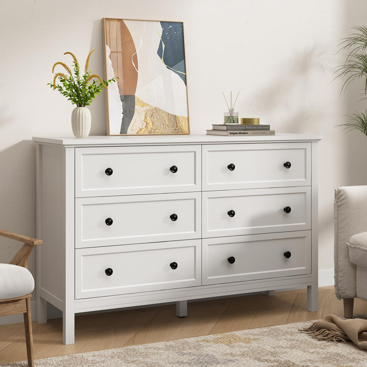 CARPETNAL White Dresser for Bedroom, 6 Drawer Dresser with Wide Drawer and Metal Handles, Wood Dressers & Chests of Drawers for Hallway, Entryway. CARPETNAL