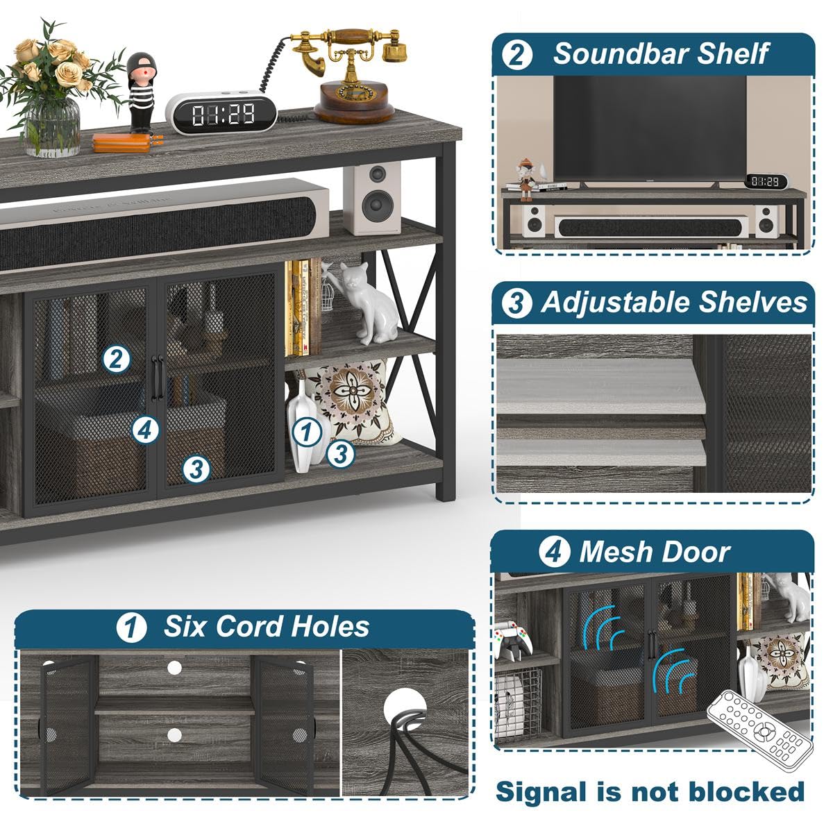 BON AUGURE Tall TV Stand for TVs up to 65 Inch, Industrial Entertainment Center with Storage Cabinet, Rustic Wood Media Console Table for Living Room and Bedroom (32 Inch High, Grey Oak) BON AUGURE
