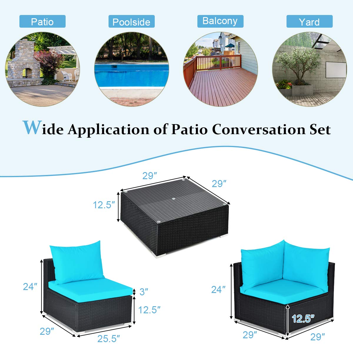 COSTWAY 7 Pieces Patio Furniture Set, Outdoor Rattan Conversation Set with 6 Seats, Coffee Tea Table, Soft Cushions, Wicker Patio Sectional Sofa for Garden Balcony Porch Poolside, Turquoise - WoodArtSupply