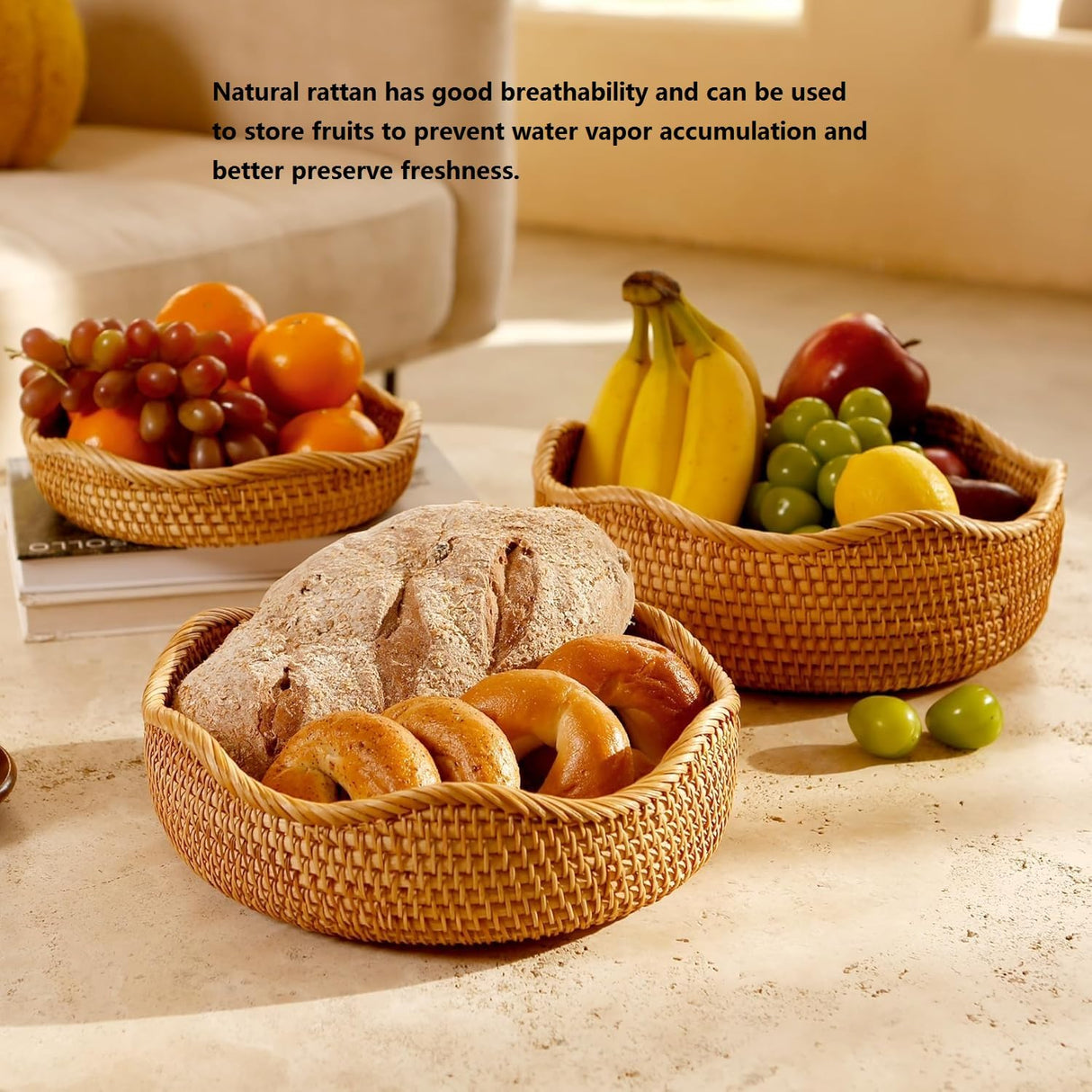 AMIDECOR Rattan Woven Fruit Basket, Natural Round Bread Basket, Decorative Fruit Bowl for Kitchen Counter, Kitchen Storage Baskets for Vegetables, Eggs,Snacks AMIDECOR