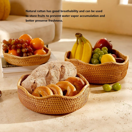 AMIDECOR Rattan Woven Fruit Basket, Natural Round Bread Basket, Decorative Fruit Bowl for Kitchen Counter, Kitchen Storage Baskets for Vegetables, Eggs,Snacks AMIDECOR