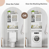 SUPER DEAL Over The Toilet Bathroom Storage Cabinet Freestanding Wooden Bathroom Organizer with Adjustable Shelves and Glass Door, White SUPER DEAL