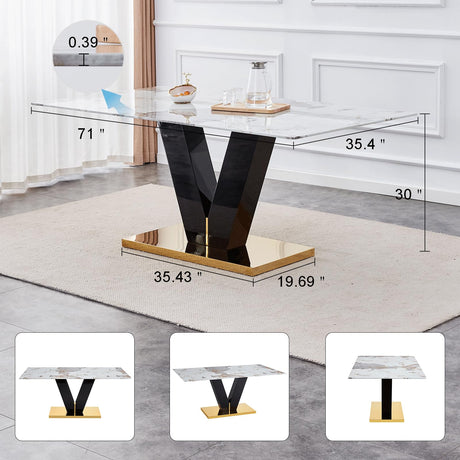 gopop Marble Dining Table,Modern Dining Room Table with Golden Stainless Steel Base.Marble Kitchen Table for 8 People,71'' Gold Dining Table Ideal for Living Room Home Office gopop