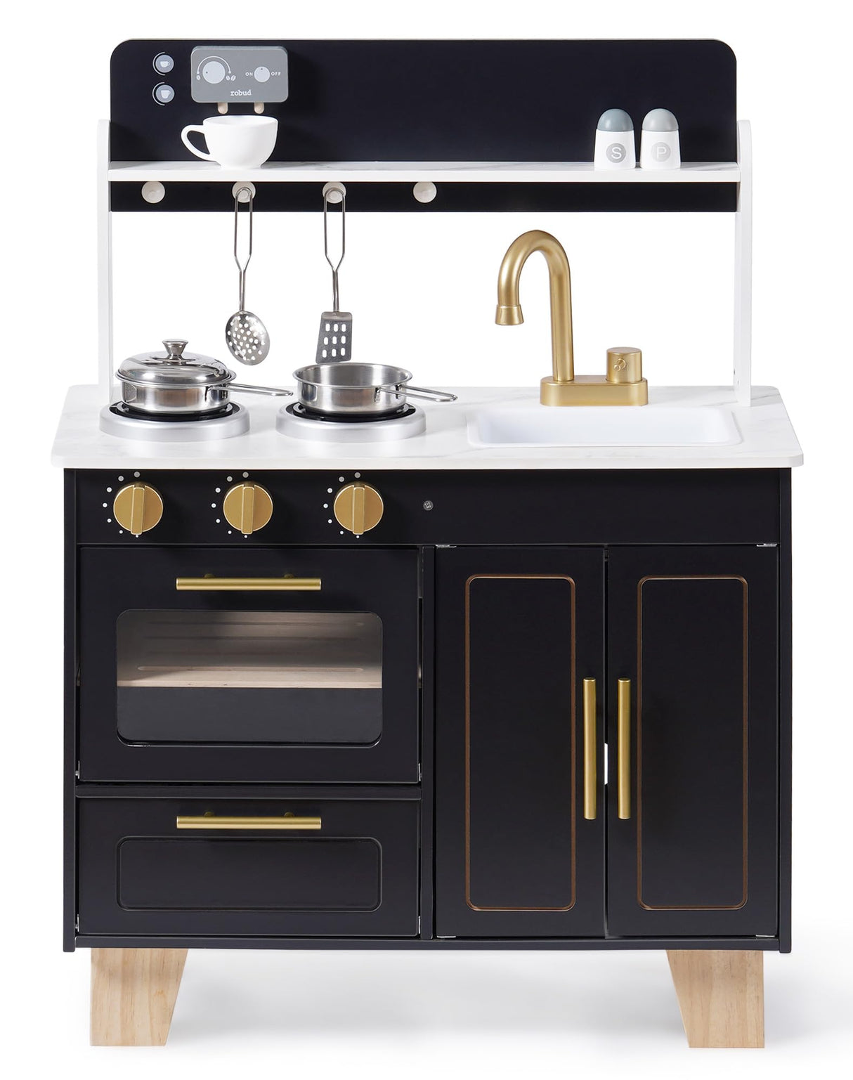 ROBUD Play Kitchen Set - Wooden Marble-Style Kitchen Playset with Realistic Stove, Oven & Sink for Kids Ages 3+ ROBUD