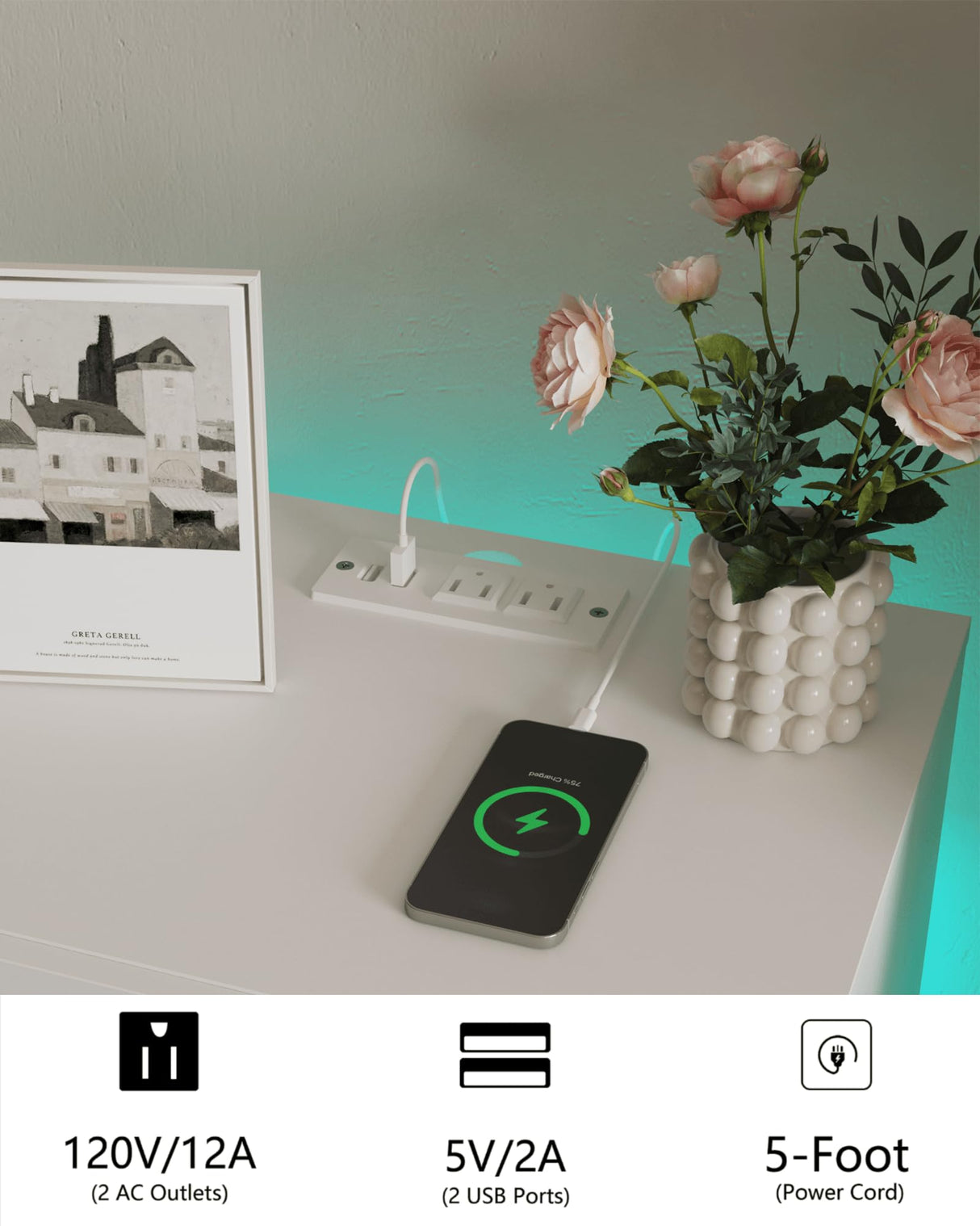 JOONEE White Nightstand with Charging Station and LED Lights,Modern Bedside Table with 2 Storage Drawer,Night Stand with Solid Wood Legs,White (White-2) JOONEE