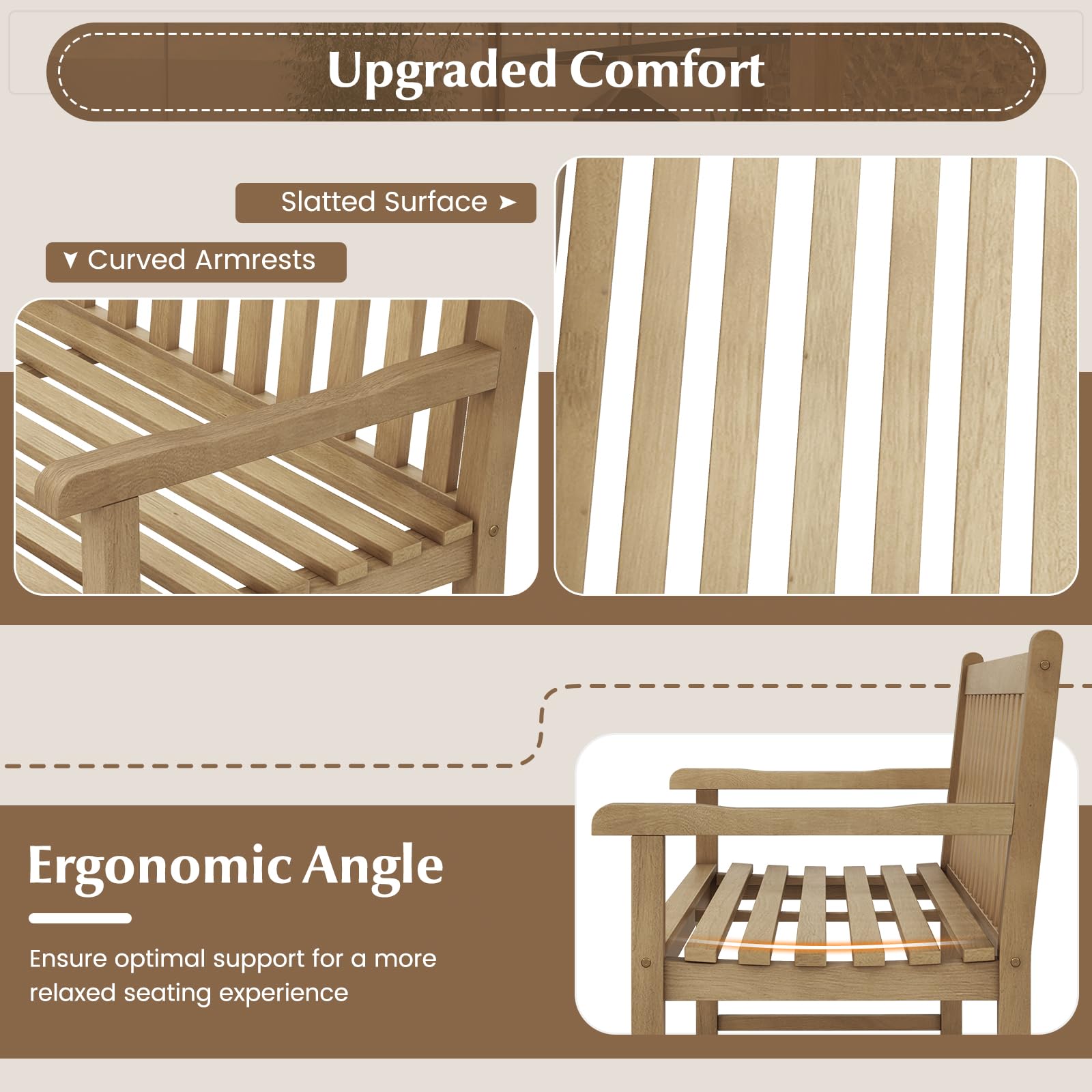 Tangkula 62" Natural Teak Wood 3-Person Outdoor Bench with Ergonomic Design and Comfortable Slatted Seat - WoodArtSupply