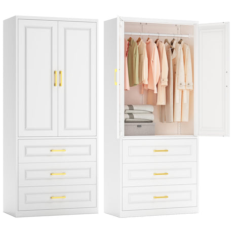 Polup Metal Armoire Wardrobe Closet with Three Drawers, 71“ Tall Large Wardrobe Cabinet with Hanging Rod, Freestanding Wardrobe Cabinet with Doors and Shelves for Bedroom, White, Assemble Required Polup
