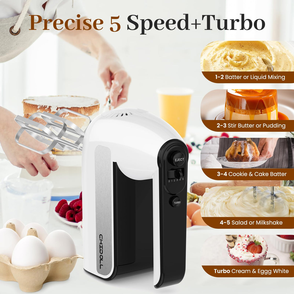 5-Speed Electric Hand Mixer, 800W Handheld Mixer with Turbo for Baking & Cooking, Kitchen Food Mixer with Storage Case & 5 Stainless Steel Attachments (2 Beaters, 2 Dough Hooks, 2 Whisks)-White CHIDOLL