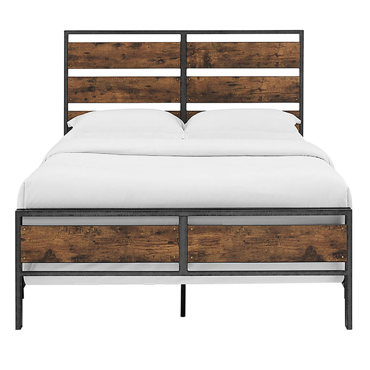 Rustic Queen Size Bed Frame with Metal Headboard and Footboard in Reclaimed Wood Finish Walker Edison