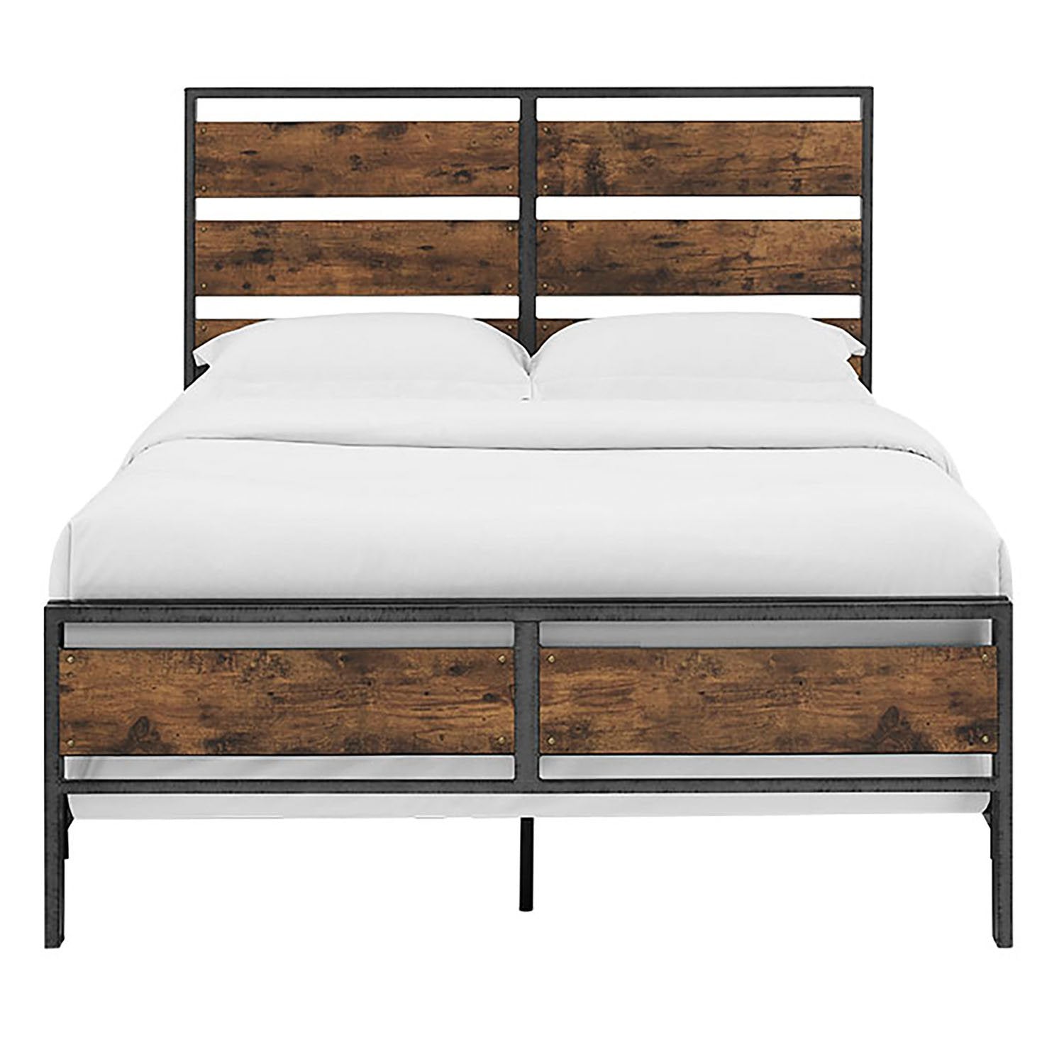 Rustic Queen Size Bed Frame with Metal Headboard and Footboard in Reclaimed Wood Finish - WoodArtSupply