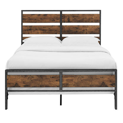 Rustic Queen Size Bed Frame with Metal Headboard and Footboard in Reclaimed Wood Finish - WoodArtSupply