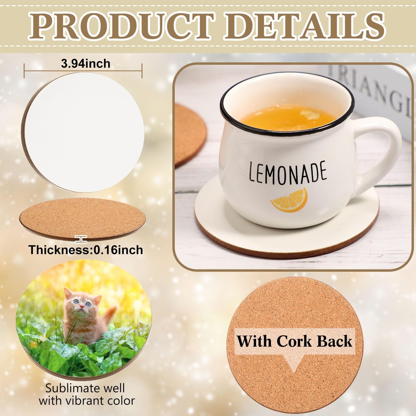 Ziliny 36 Pcs Sublimation Coasters 4 x 4 Inch Hardboard Coaster Cork and MDF Blank Coasters Sublimation Car Coasters Heat Press Parts Accessories for Kitchen Drink Ornaments (Round)