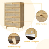 AOGLLATI Rattan Dresser for Bedroom with 5 Drawer, Modern Double Wooden Tall Bedroom Dresser, Chest of Drawers with Metal Handle & Solid Wood Legs for Bedroom/Living Room, AOGLLATI