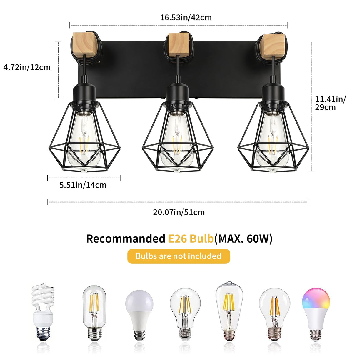 foucasal Farmhouse Bathroom Vanity Light Fixtures, 3-Light Bathroom Light Fixtures Over Mirror, Rustic Wood Sconces with Metal Cage Lampshade, Black Wall Lighting for Living Room, Bedroom, Hallway foucasal
