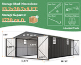 AMERLIFE 13.2x21x8 FT Outdoor Metal Garage Shed, Extra Large Storage Shed with Double Hinged Doors, 4 Windows, Carport for Car, Truck, Motorcycle and Lawn Equipment, Dark Grey AMERLIFE