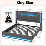 King Size Bed Frame with Marshmallow Headboard and Storage, Metal Bed Frame with LED Lights & Charging Station, Upholstered Platform King Bed with Metal Support, No Noise, No Box Spring Needed,Gray busyaeh