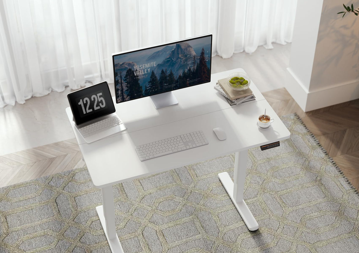 Seang Electric Standing Desk with Adjustable Height, 48x24 Inch Stand Up Desk, Sit Stand Desk with Splice Board for Home Office Computer Workstation, White Frame/White Top Seang
