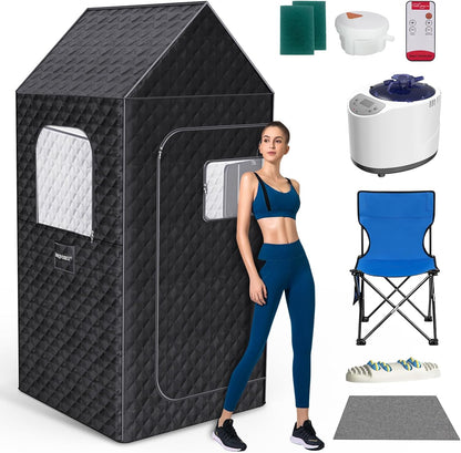 Portable Sauna Box for Home, XL Personal Steam Sauna Tent at Home Spa, Large Indoor Sauna Relaxation Room with 3L & 1200W Steamer, Remote Control, Chair, Mat, Foot Massager (6.4Ft*3Ft*3Ft, Black)