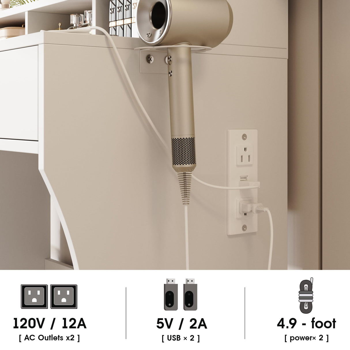 Makeup Desk with Mirror and Lights, White Dressing with Charging Station & Chair, Vanity Desk with Sliding Jewelry Storage Shelves&3 Lighting Modes, Vanity with 2 Large Drawers,Vanity for Women&Girls Vabches