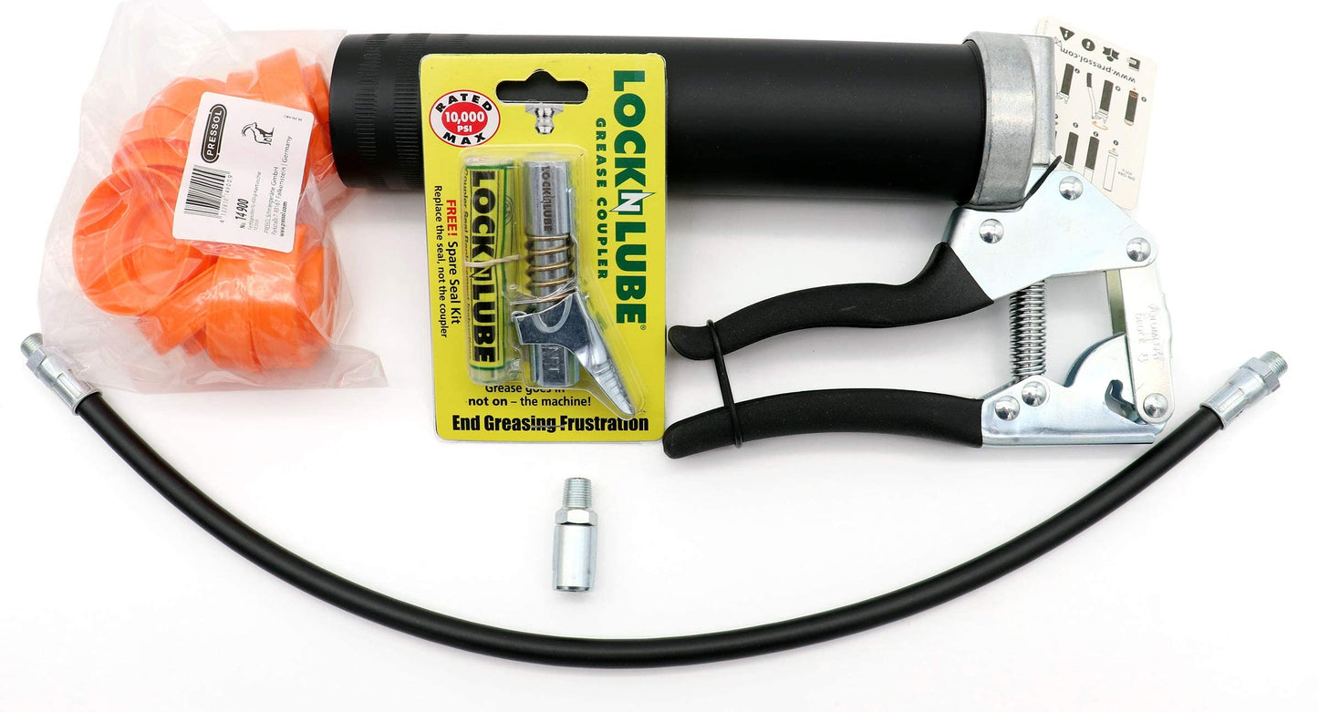 LockNLube Easy-Prime Pistol-Grip Grease Gun. Includes Our Patented Grease Coupler (Locks on, Stays on, Won't Leak!) Plus a 20" Hose and in-line Hose Swivel. - WoodArtSupply