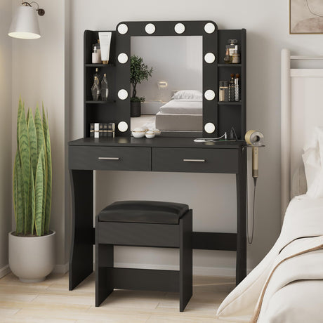 Vanity Desk with Lights,Makeup Vanity with Power Strip,Dressing Table Set with 2 Large Drawers,Vanity Mirror 3 Lighting Color Adjustable,Black Vabches