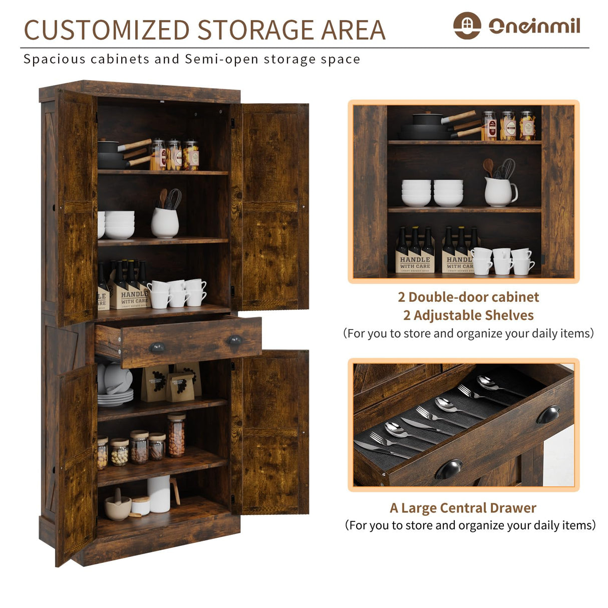 oneinmil Kitchen Pantry Cabinet 72.6" H, Farmhouse Wooden Cabinet with 4 Adjustable Shelves, Freestanding Cupboard with Drawers, Tall Pantry Cabinet for Kitchen, Dining Room, Brown oneinmil