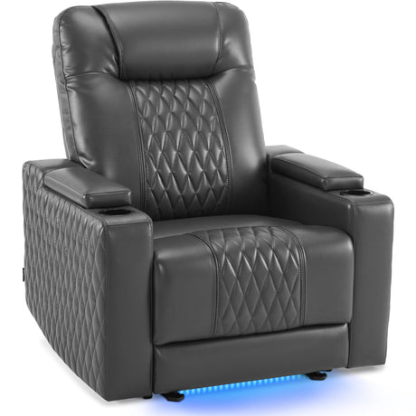 MCombo Power Recliner Chair with Adjustable Headrest for Living Room, Home Theater Seating with USB & Type C Port, LED Light & Armrest Storage HTS401 (Faux Leather, Grey) MCombo