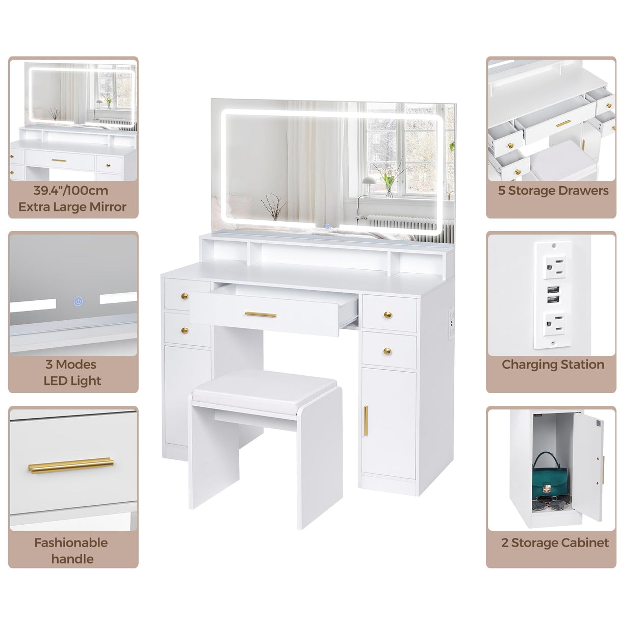 ANWBROAD Vanity Desk Set with Large LED Lighted Mirror Power Outlet Makeup Vanity Table 3 Color Lighting Modes Dressing Table with 5 Drawers and 2 Cabinets Cushioned Stool for Bedroom, White UBDT57W ANWBROAD