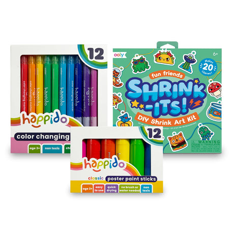 International Arrivals Happido Dual Tip Color Changing Markers for Kids, Set of 12 & Happido Set of 12 Twistable Tempera Paint Sticks For Kids & Shrink-Its! 28 PC DIY Shrinking Art Kit International Arrivals