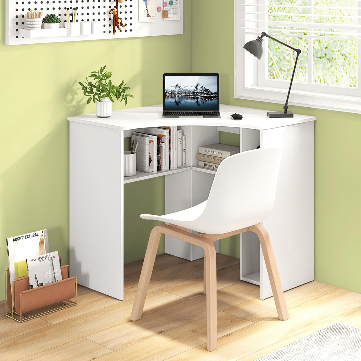 Tangkula White Corner Desk with Storage Shelves, Space-saving Triangle Study Writing Desk with Adjustable Shelves, Corner Makeup Vanity Desk for Bedroom, Corner Desk for Small Space Tangkula