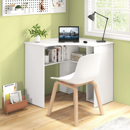 Tangkula White Corner Desk with Storage Shelves, Space-saving Triangle Study Writing Desk with Adjustable Shelves, Corner Makeup Vanity Desk for Bedroom, Corner Desk for Small Space - WoodArtSupply