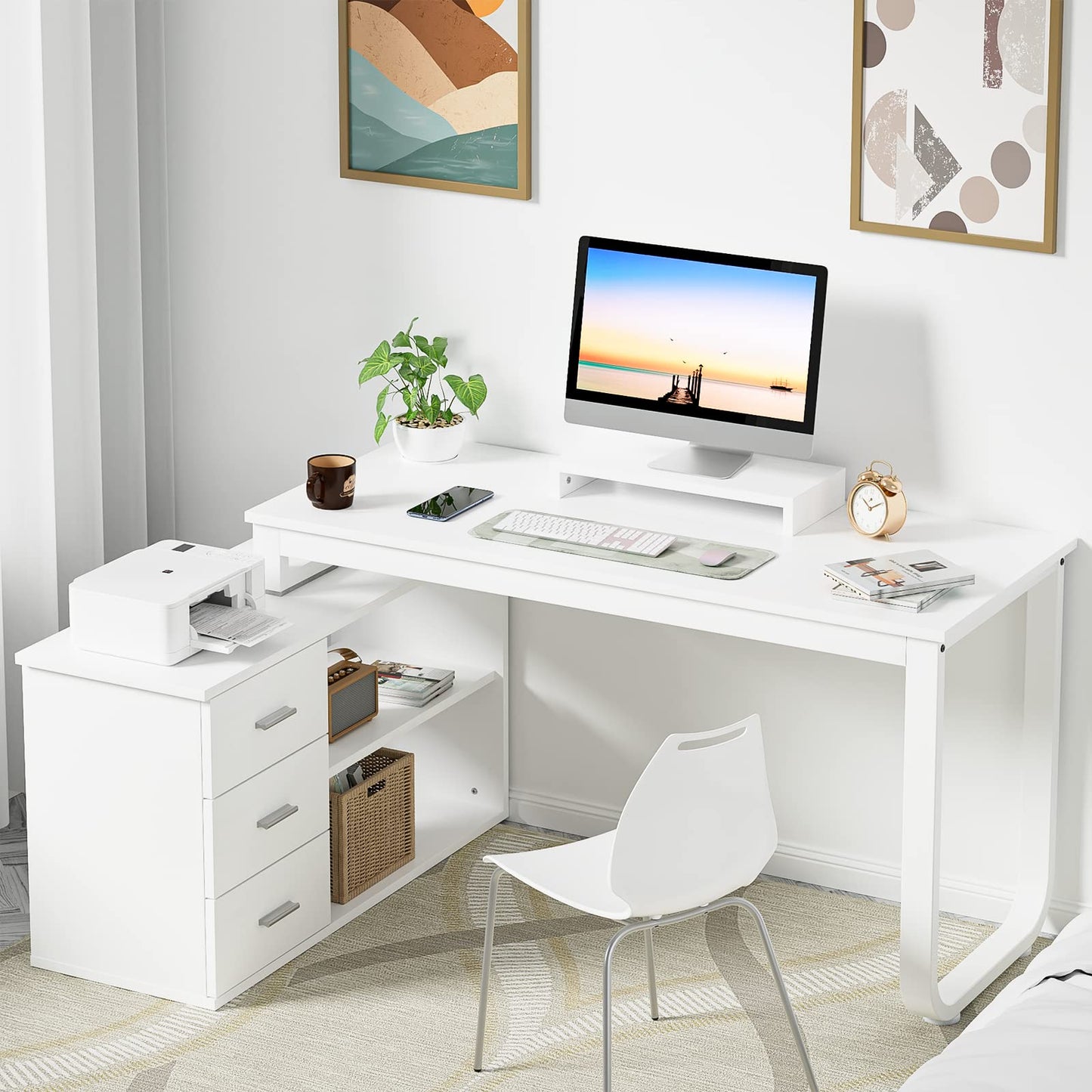 HOMBCK L Shaped Desk with Storage, White Desk Reversible L Shaped Desk with 3 Drawers and File Cabinet, Corner Desk with Hutch and Shelves, Long Computer Desk for Home Office, White - WoodArtSupply