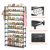 LANTEFUL 10 Tiers Shoe Rack 50 Pairs Large Capacity Tall Shoe Organizer Sturdy Shoe Storage with Two Hooks Space Saving Metal Wide Shoe Rack for Closet, Entryway, Bedroom, Black LANTEFUL