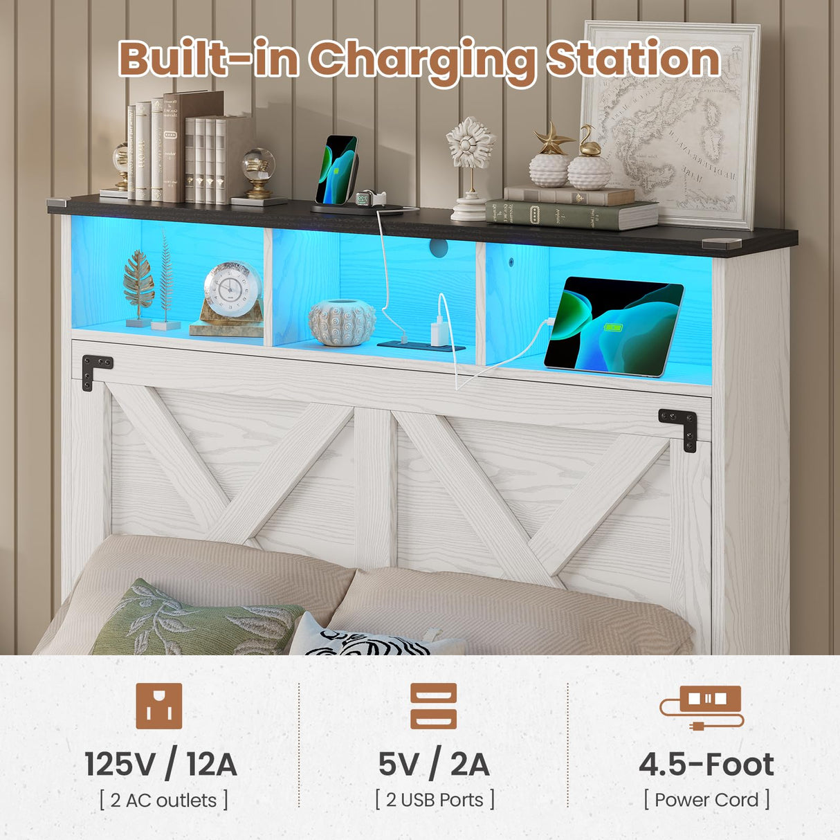 Hasuit Farmhouse Bed Frame Twin Size with Storage Headboard, Charging Station and LED Light, Wooden Twin Bed Frame with Storage Ottoman, Barn Door Design, No Box Spring Needed, No Noise (Walnut White) Hasuit