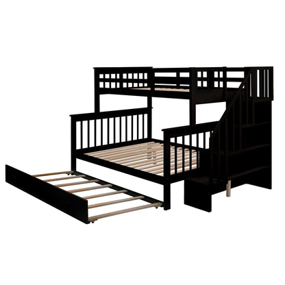 Espresso Twin Over Full Bunk Bed with Trundle and Storage Shelves by Harper & Bright Designs - WoodArtSupply