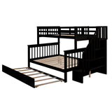 Ball & Cast Twin-Over-Full Bunk Bed with Twin Size Trundle and Storage Ladder,Wood Bunkbed w/Slat Support & Full-Length Guard Rail,Space Saving,Bedframe Furniture for Student Dorms,Studio,Espresso Ball & Cast