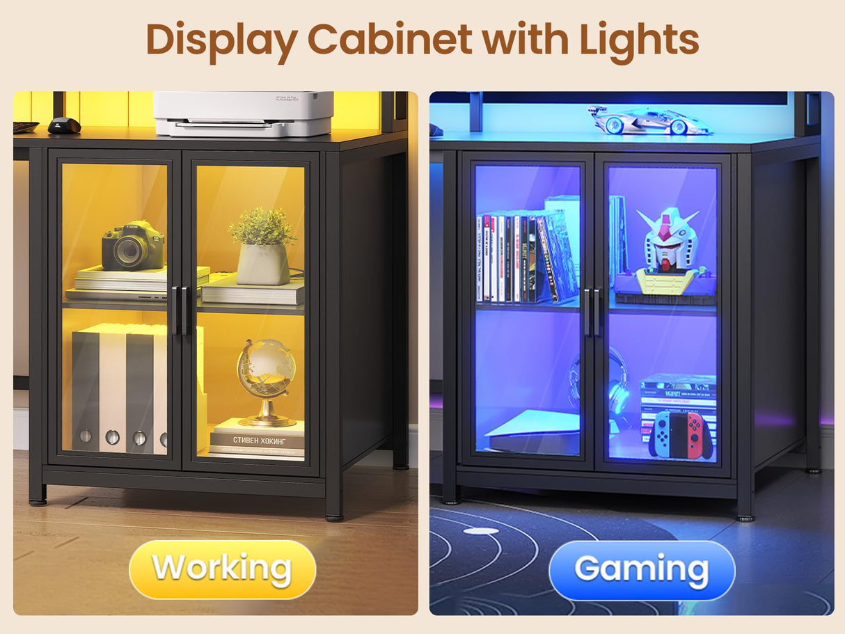 SEDETA L Shaped Gaming Desk with 4 Drawers, 109” Computer Desk with Display Cabinet, Home Office Desks with 2 Monitor Stands, CPU Stand, LED Lights and Power Outlet, Black SEDETA