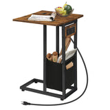 HOOBRO C Shaped Side Table with Charging Station, Foldable End Table with Fabric Bag, Sofa Couch Table Coffee Table Snack Table for Small Space Living Room, Bedroom, Rustic Brown and Black BF30USF01 HOOBRO