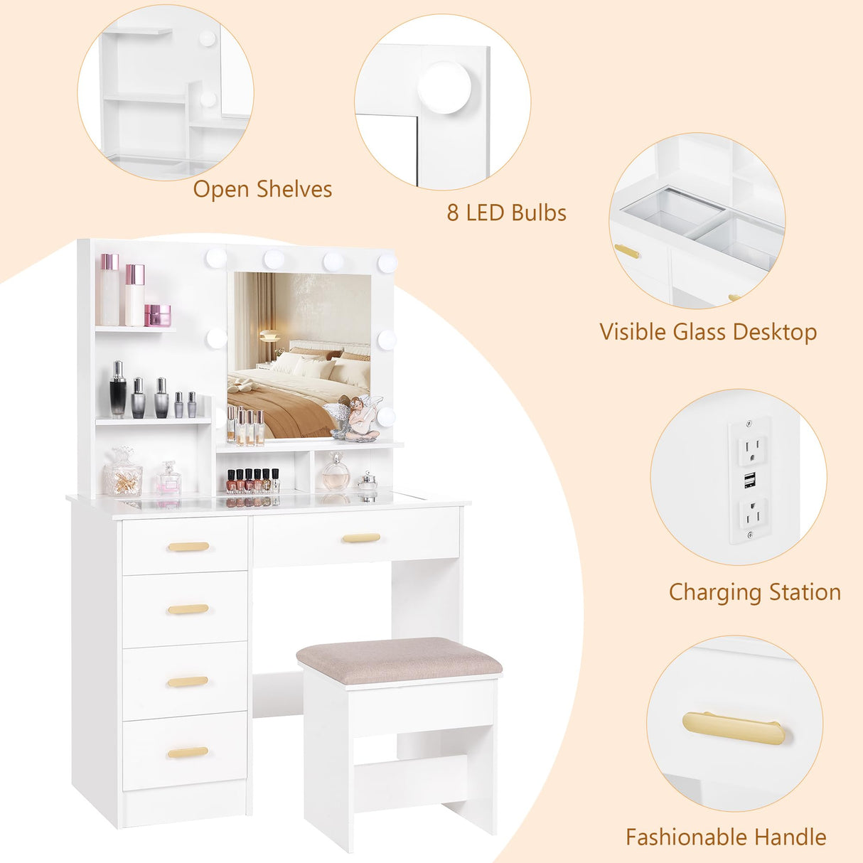 ANWBROAD Makeup Vanity Desk with Mirror and Lights Power Outlet 35.5" Vanity with Glass Top Dresser 3 Lighting Modes Brightness Adjustable White Vanity Desk with Drawers Shelves Bedroom Stool UBDT64W ANWBROAD