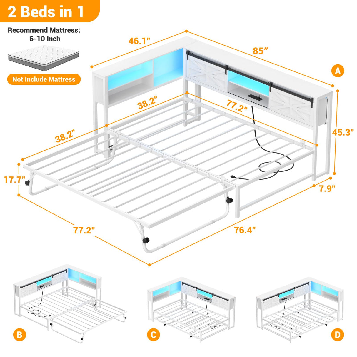 Homieasy Corner Bed Frame with Trundle, Reversible Metal Twin Daybed with LED & Charging Station, Farmhouse Platform Bed Frame with Bookcase Storage for Bedroom Guest/Living Room, White Homieasy
