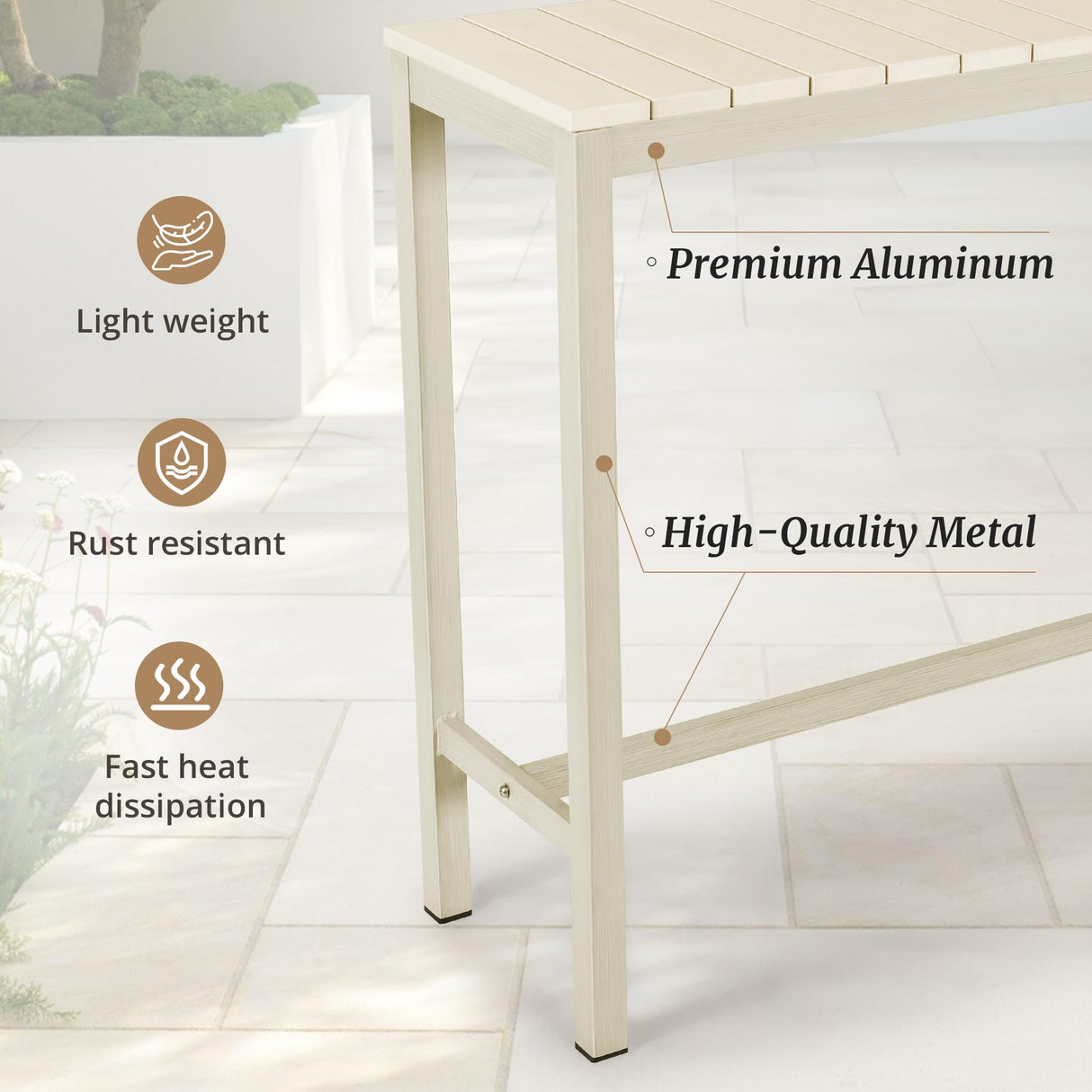 Cozyman Outdoor Bar Table, 45" Patio Bar Height Counter Table, Weather Resistant, Waterproof HDPS Slatted Top Console Table for Hot Tub, Balcony, Yard, Indoor or Outdoor Use, Sand Cozyman