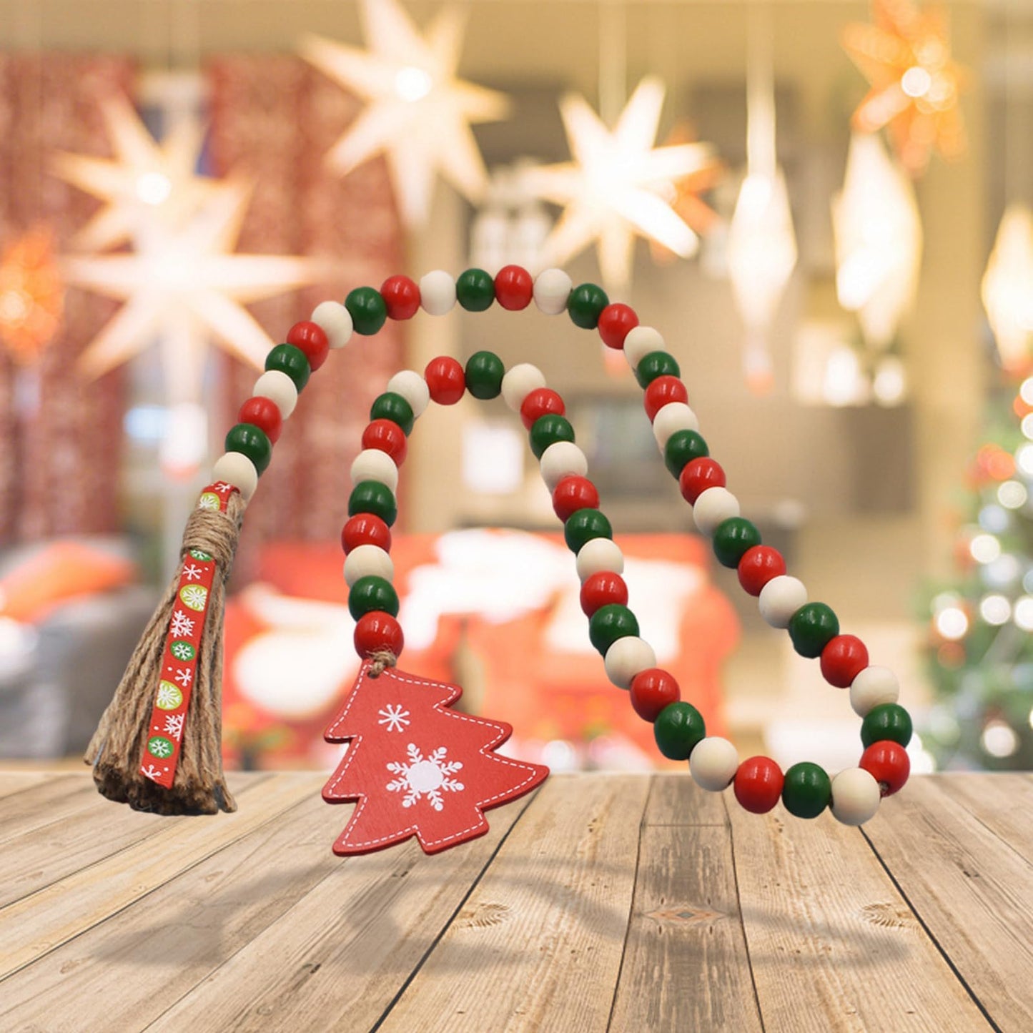 Wood Bead Garland for Christmas Tree, Christmas Wood Bead Garland Christmas Wooden Beads Garland Christmas Wood Garland Christmas Wood Bead Garland with Tassels Red and White Christmas Decor